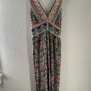 Floral Patterned Green and Red Women's Dress